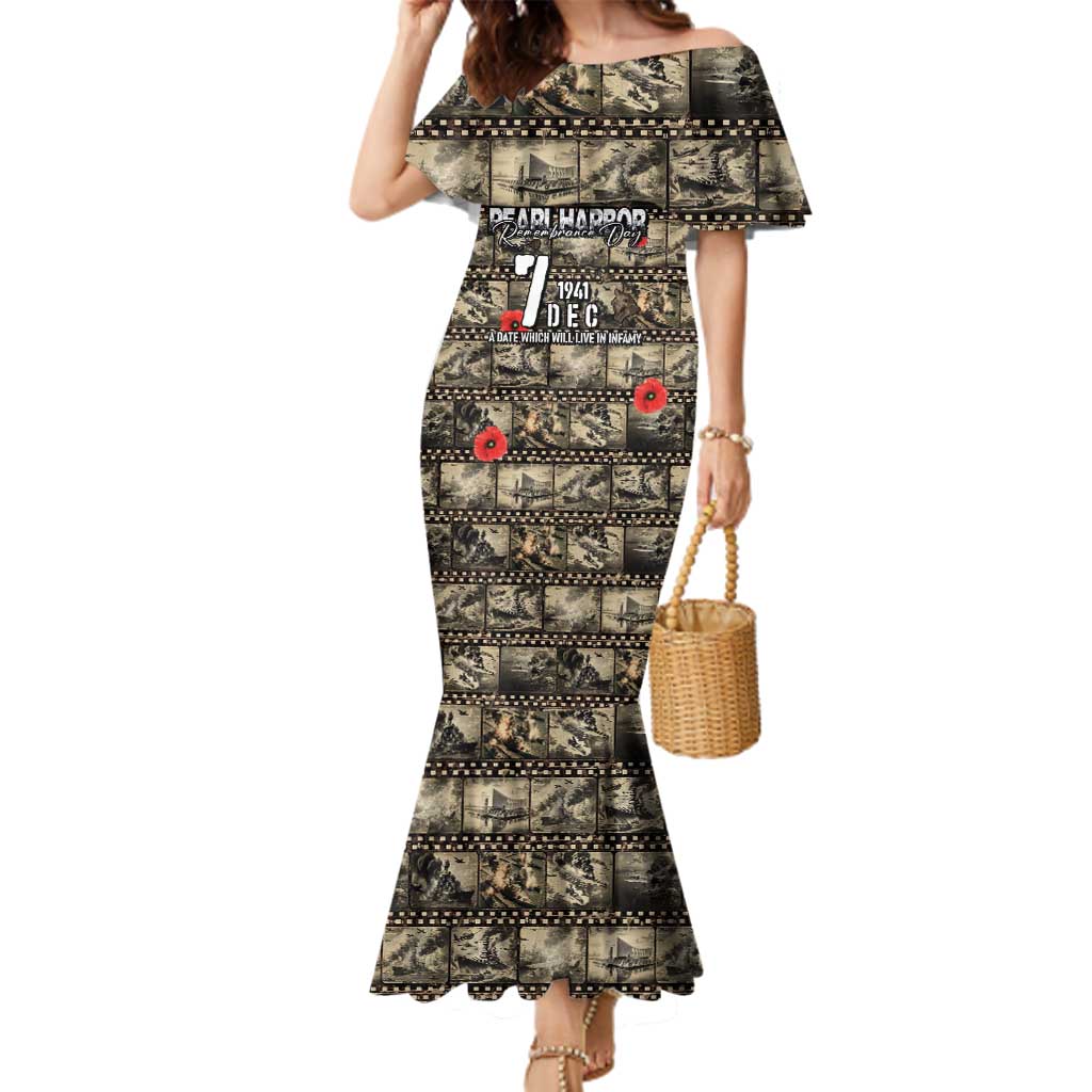 Pearl Harbor Remembrance Day Personalized Family Matching Mermaid Dress and Hawaiian Shirt Memories of December 7 with Red Poppy Lei LT03 Mom's Dress Beige - Polynesian Pride