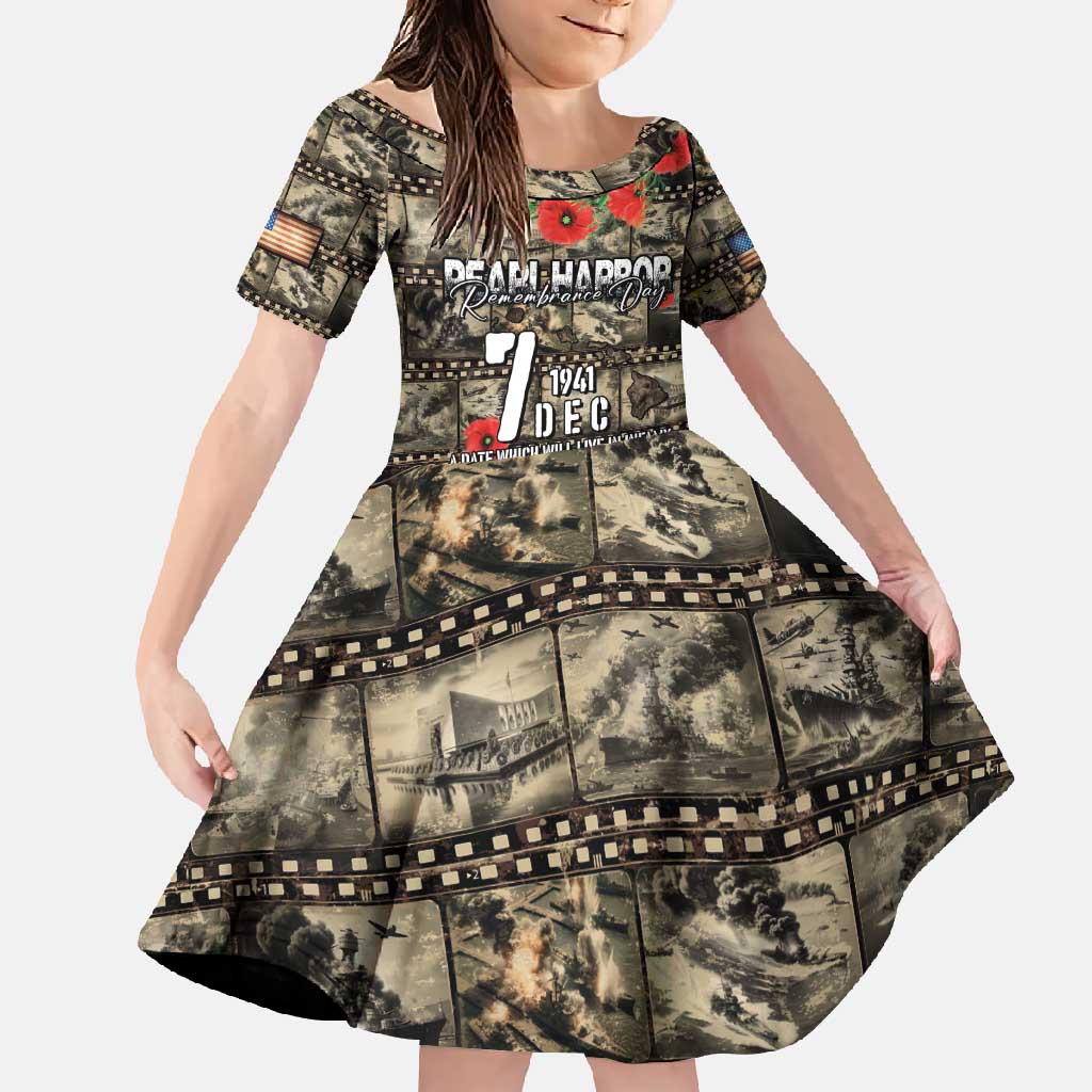 Pearl Harbor Remembrance Day Personalized Family Matching Off Shoulder Maxi Dress and Hawaiian Shirt Memories of December 7 with Red Poppy Lei LT03 Daughter's Dress Beige - Polynesian Pride