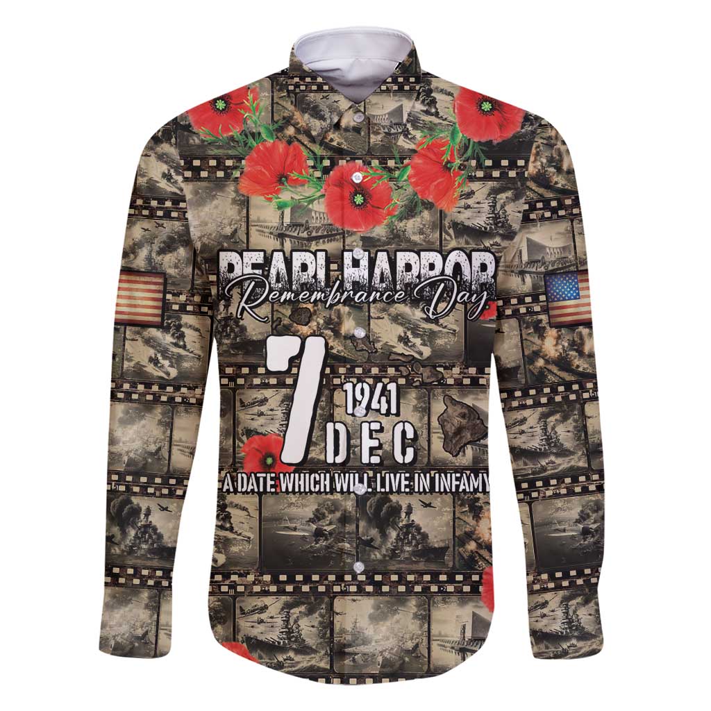 Pearl Harbor Remembrance Day Personalized Family Matching Off Shoulder Short Dress and Hawaiian Shirt Memories of December 7 with Red Poppy Lei LT03 Dad's Shirt - Long Sleeve Beige - Polynesian Pride