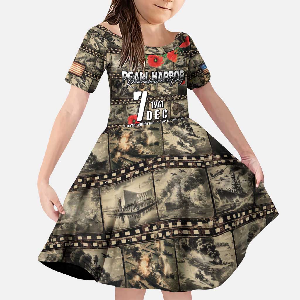 Pearl Harbor Remembrance Day Personalized Family Matching Short Sleeve Bodycon Dress and Hawaiian Shirt Memories of December 7 with Red Poppy Lei LT03 Daughter's Dress Beige - Polynesian Pride