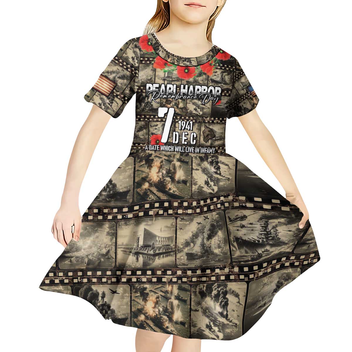 Pearl Harbor Remembrance Day Personalized Kid Short Sleeve Dress Memories of December 7 with Red Poppy Lei - Polynesian Pride