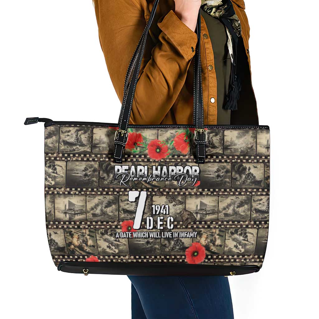 Pearl Harbor Remembrance Day Leather Tote Bag Memories of December 7 with Red Poppy Lei - Polynesian Pride