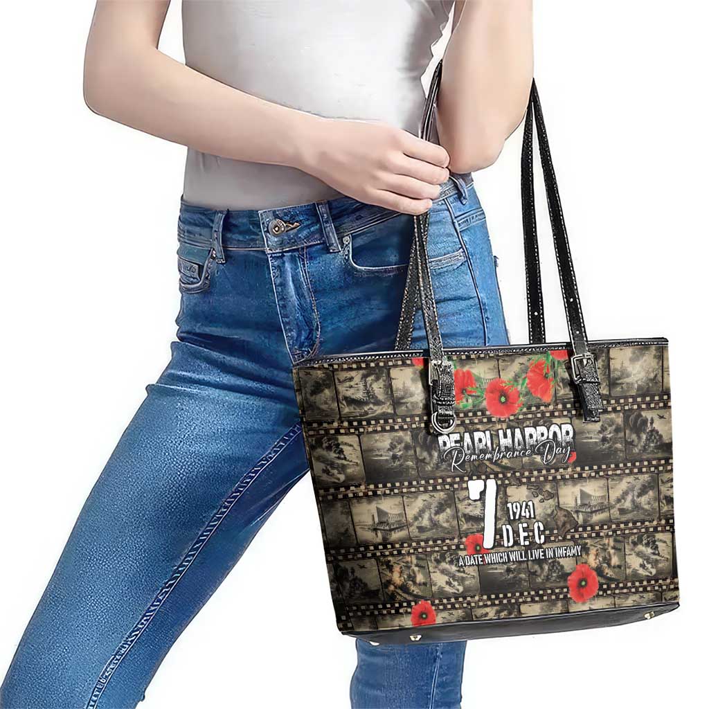 Pearl Harbor Remembrance Day Leather Tote Bag Memories of December 7 with Red Poppy Lei - Polynesian Pride