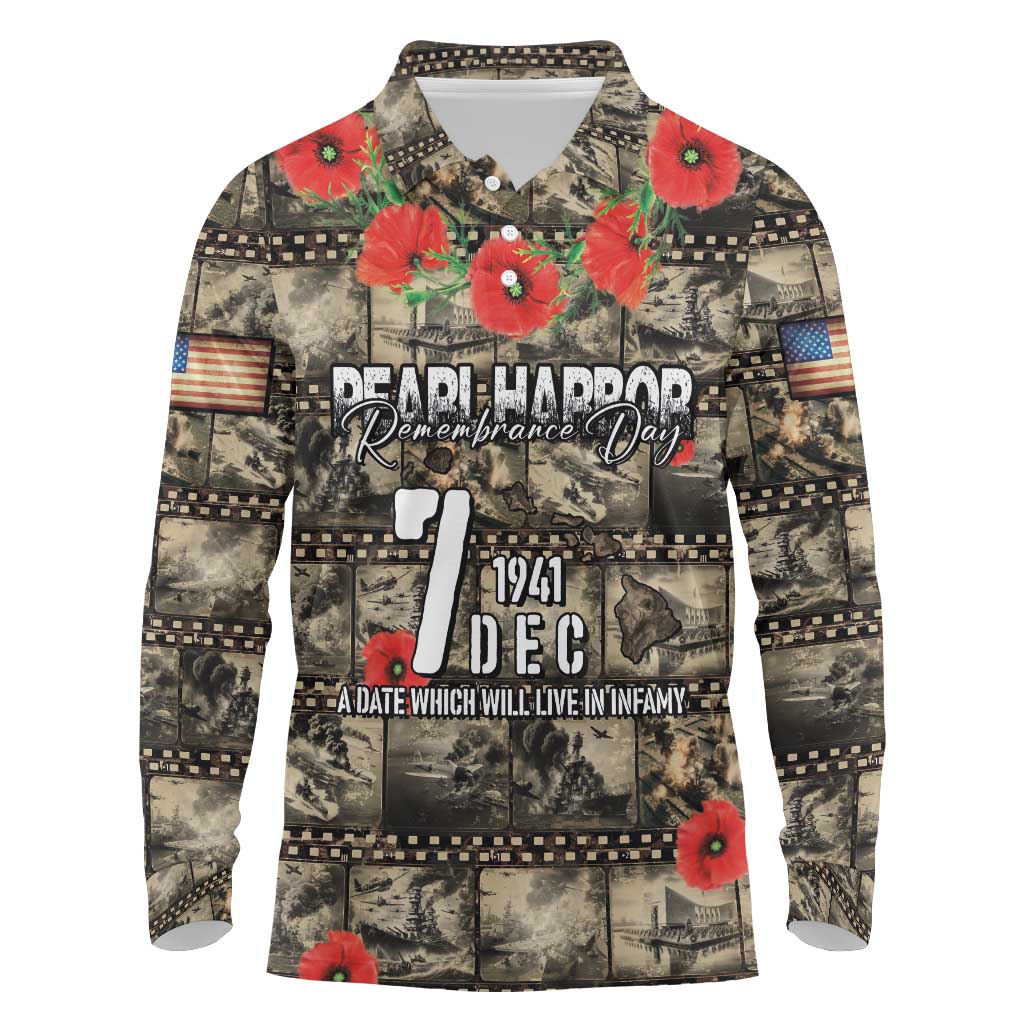 Pearl Harbor Remembrance Day Personalized Long Sleeve Polo Shirt Memories of December 7 with Red Poppy Lei - Polynesian Pride