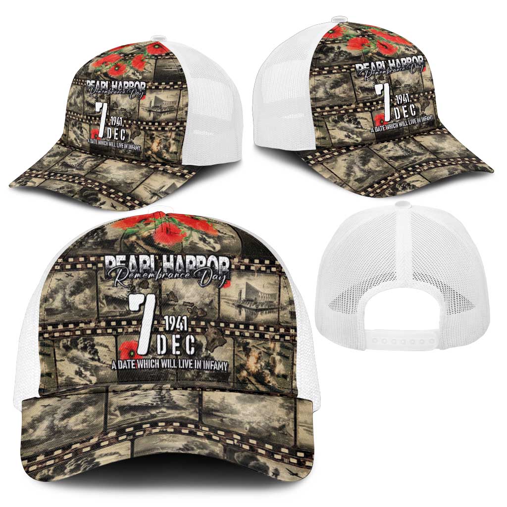 Pearl Harbor Remembrance Day Personalized Mesh Trucker Cap Memories of December 7 with Red Poppy Lei - Polynesian Pride
