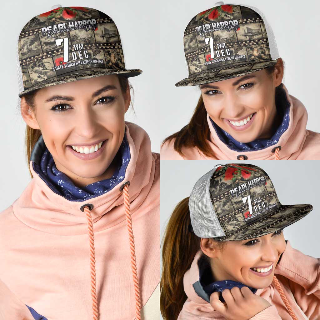 Pearl Harbor Remembrance Day Personalized Mesh Trucker Cap Memories of December 7 with Red Poppy Lei - Polynesian Pride