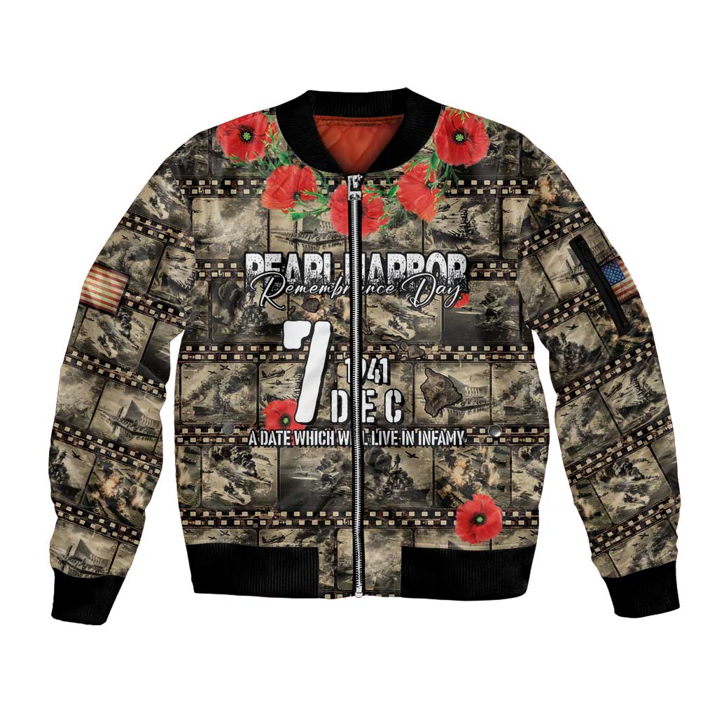 Pearl Harbor Remembrance Day Personalized Sleeve Zip Bomber Jacket Memories of December 7 with Red Poppy Lei - Polynesian Pride