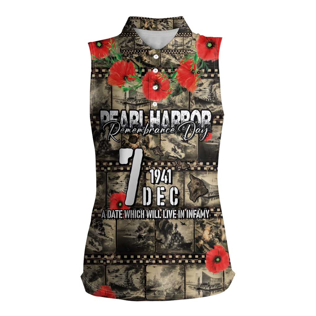 Pearl Harbor Remembrance Day Personalized Women Sleeveless Polo Shirt Memories of December 7 with Red Poppy Lei - Polynesian Pride
