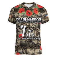 Pearl Harbor Remembrance Day Personalized Women V-Neck T-Shirt Memories of December 7 with Red Poppy Lei - Polynesian Pride