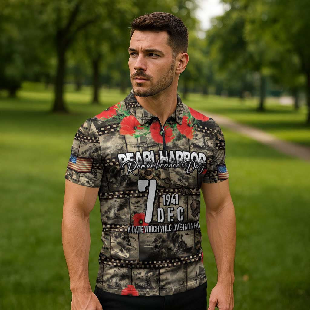 Pearl Harbor Remembrance Day Personalized Zipper Polo Shirt Memories of December 7 with Red Poppy Lei - Polynesian Pride