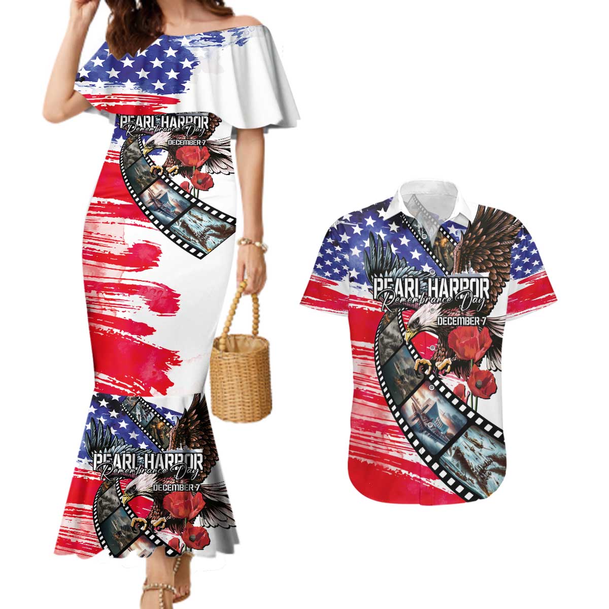 Pearl Harbor Remembrance Day Personalized Couples Matching Mermaid Dress and Hawaiian Shirt Lest We Forget - The Bald Eagle Remembers - Polynesian Pride