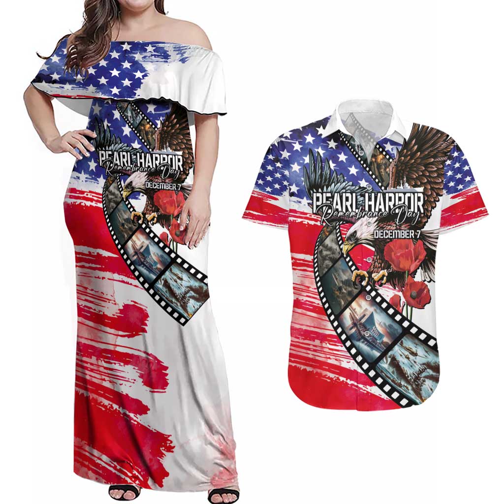 Pearl Harbor Remembrance Day Personalized Couples Matching Off Shoulder Maxi Dress and Hawaiian Shirt Lest We Forget - The Bald Eagle Remembers - Polynesian Pride