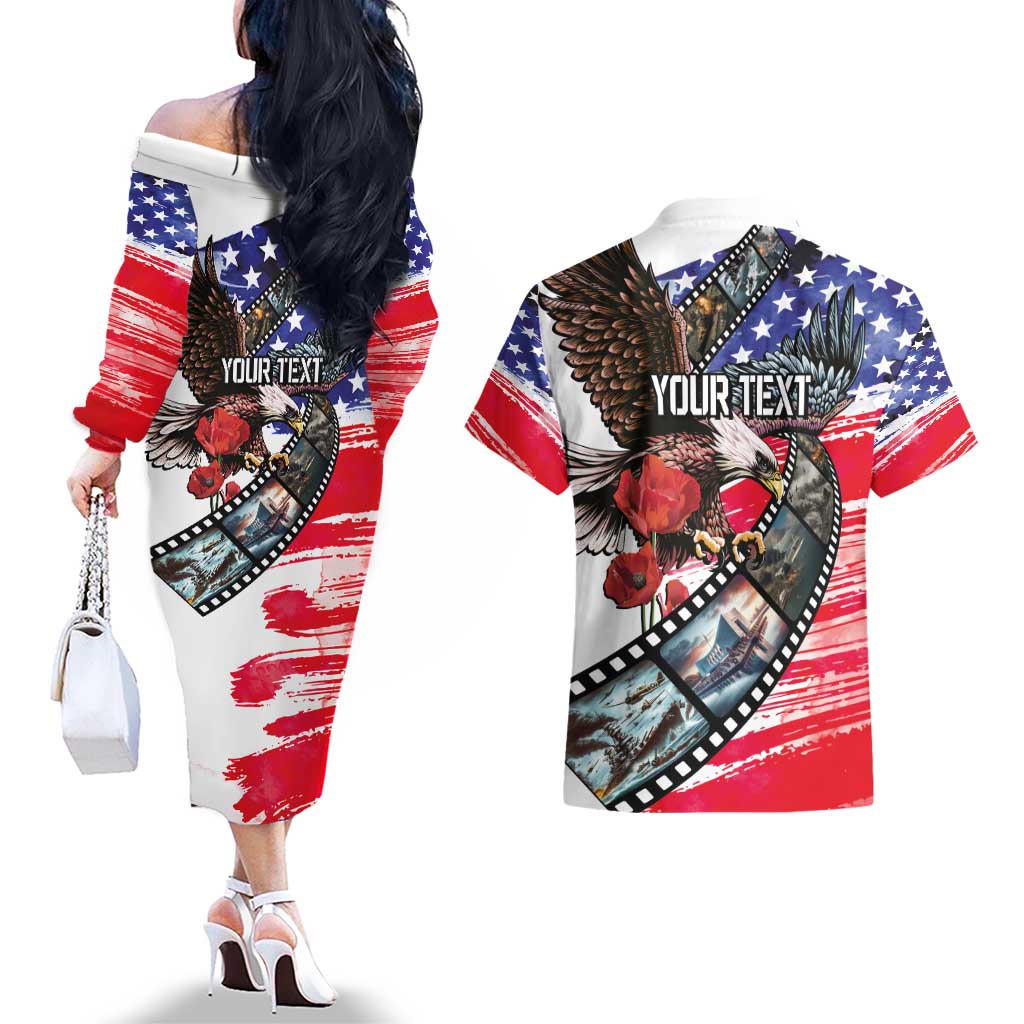 Pearl Harbor Remembrance Day Personalized Couples Matching Off The Shoulder Long Sleeve Dress and Hawaiian Shirt Lest We Forget - The Bald Eagle Remembers - Polynesian Pride