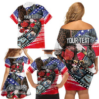 Pearl Harbor Remembrance Day Personalized Family Matching Off Shoulder Short Dress and Hawaiian Shirt Lest We Forget - The Bald Eagle Remembers - Polynesian Pride