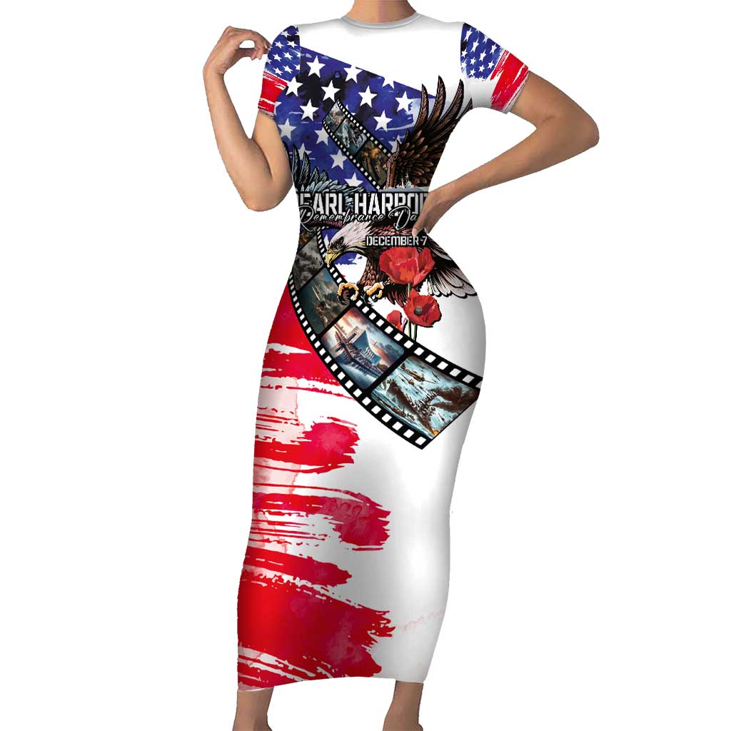 Pearl Harbor Remembrance Day Personalized Short Sleeve Bodycon Dress Lest We Forget - The Bald Eagle Remembers - Polynesian Pride