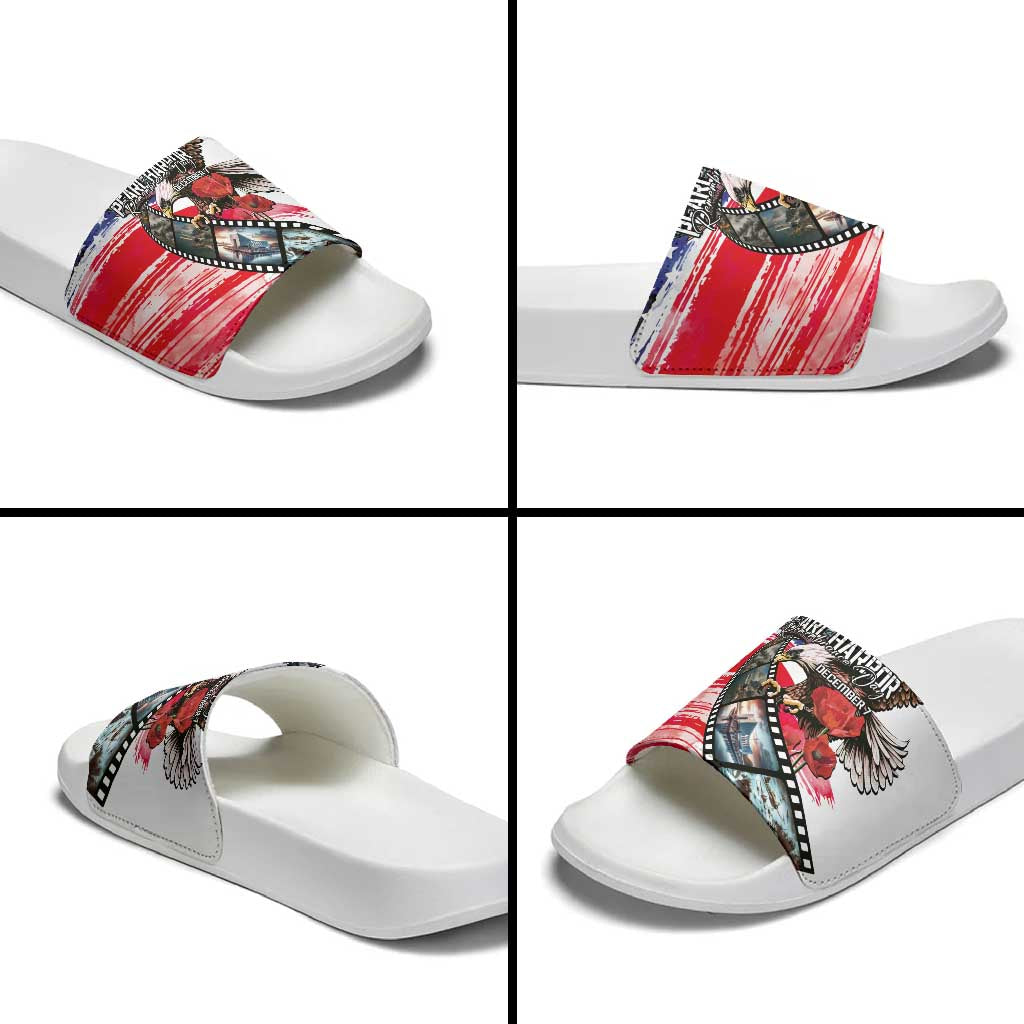 Pearl Harbor Remembrance Day Slide Sandals Lest We Forget - The Bald Eagle Remembers - Polynesian Pride