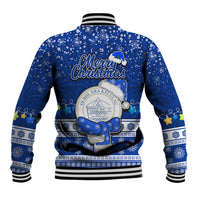 Palau Christmas Baseball Jacket Snowman Hugs Palau Coat of Arms Maori Pattern Blue Style LT03 - Polynesian Pride