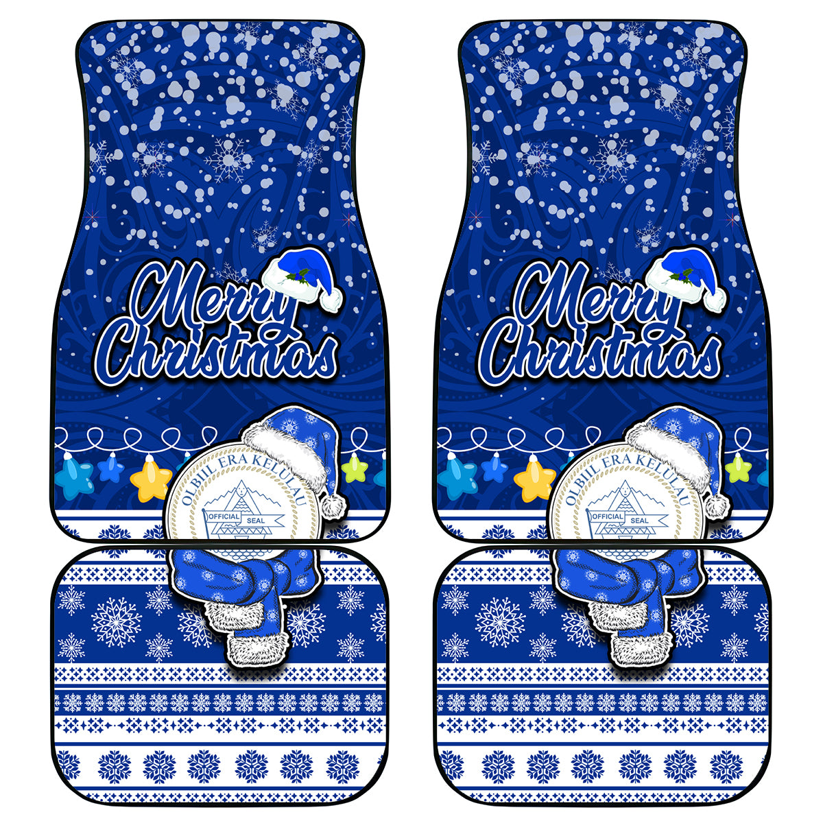 Palau Christmas Car Mats Snowman Hugs Palau Coat of Arms Maori Pattern Blue Style LT03 Blue - Polynesian Pride