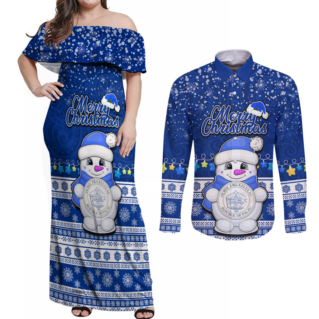 Palau Christmas Couples Matching Off Shoulder Maxi Dress and Long Sleeve Button Shirt Snowman Hugs Palau Coat of Arms Maori Pattern Blue Style LT03 Blue - Polynesian Pride