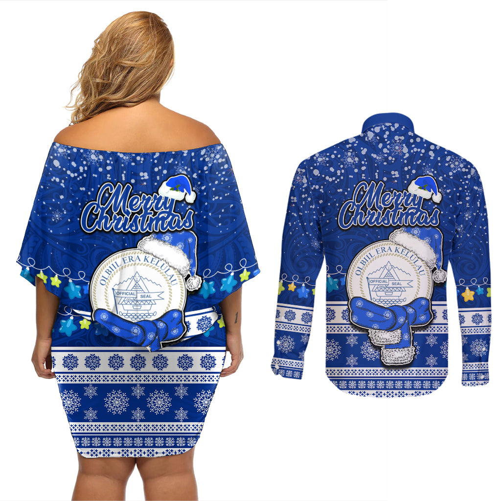 Palau Christmas Couples Matching Off Shoulder Short Dress and Long Sleeve Button Shirt Snowman Hugs Palau Coat of Arms Maori Pattern Blue Style LT03 - Polynesian Pride