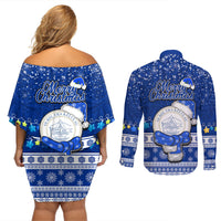 Palau Christmas Couples Matching Off Shoulder Short Dress and Long Sleeve Button Shirt Snowman Hugs Palau Coat of Arms Maori Pattern Blue Style LT03 - Polynesian Pride