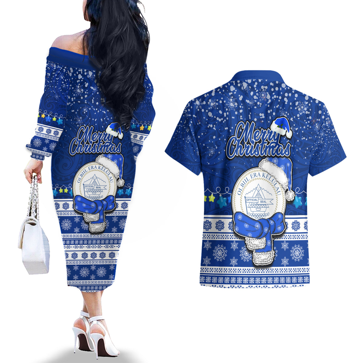Palau Christmas Couples Matching Off The Shoulder Long Sleeve Dress and Hawaiian Shirt Snowman Hugs Palau Coat of Arms Maori Pattern Blue Style LT03 - Polynesian Pride