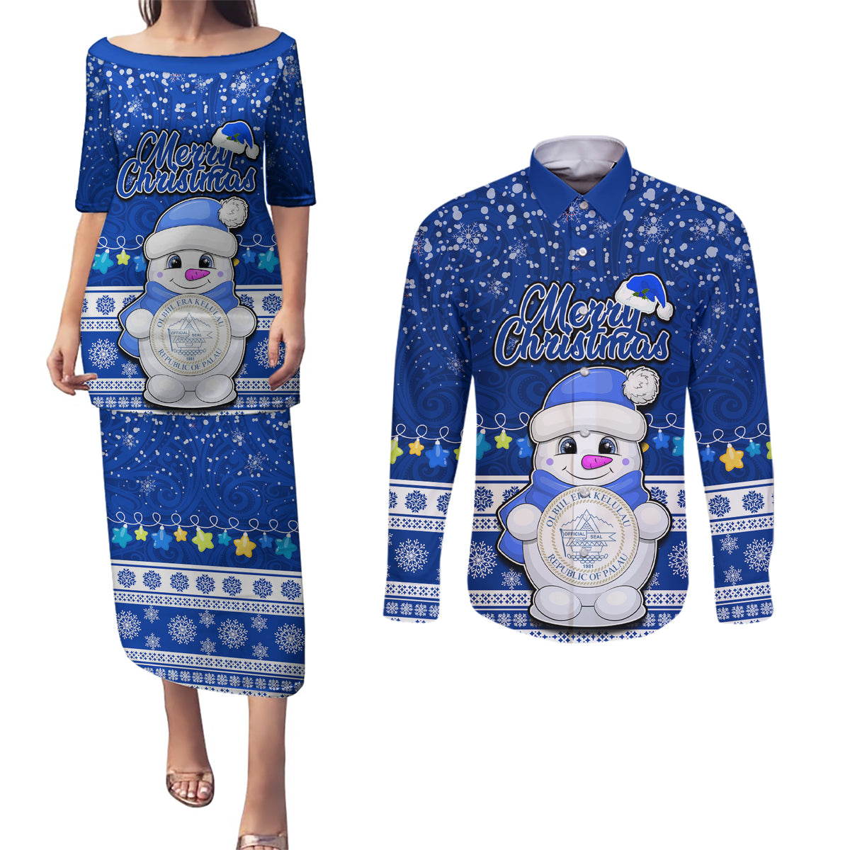 Palau Christmas Couples Matching Puletasi Dress and Long Sleeve Button Shirt Snowman Hugs Palau Coat of Arms Maori Pattern Blue Style LT03 Blue - Polynesian Pride