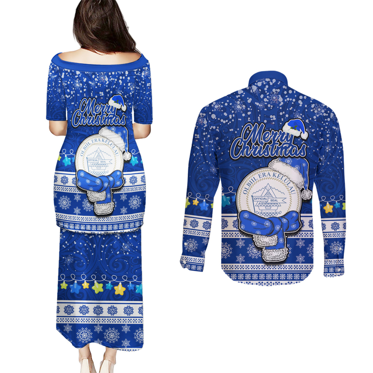 Palau Christmas Couples Matching Puletasi Dress and Long Sleeve Button Shirt Snowman Hugs Palau Coat of Arms Maori Pattern Blue Style LT03 - Polynesian Pride