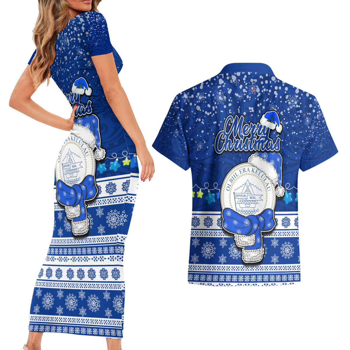 Palau Christmas Couples Matching Short Sleeve Bodycon Dress and Hawaiian Shirt Snowman Hugs Palau Coat of Arms Maori Pattern Blue Style LT03 - Polynesian Pride