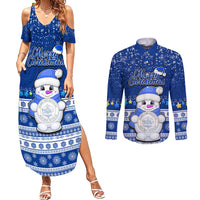 Palau Christmas Couples Matching Summer Maxi Dress and Long Sleeve Button Shirt Snowman Hugs Palau Coat of Arms Maori Pattern Blue Style LT03 Blue - Polynesian Pride