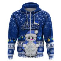 Palau Christmas Hoodie Snowman Hugs Palau Coat of Arms Maori Pattern Blue Style LT03 - Polynesian Pride