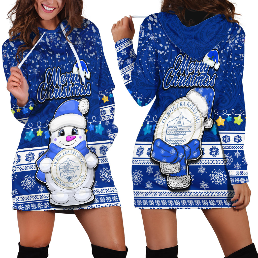 Palau Christmas Hoodie Dress Snowman Hugs Palau Coat of Arms Maori Pattern Blue Style LT03 - Polynesian Pride