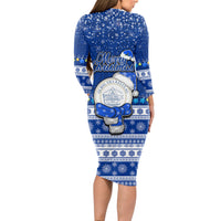Palau Christmas Long Sleeve Bodycon Dress Snowman Hugs Palau Coat of Arms Maori Pattern Blue Style LT03 - Polynesian Pride