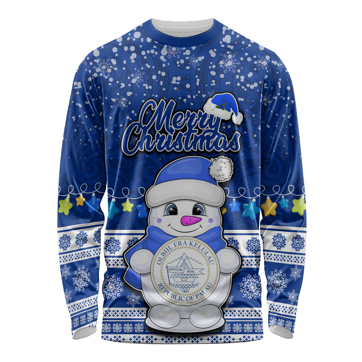 Palau Christmas Long Sleeve Shirt Snowman Hugs Palau Coat of Arms Maori Pattern Blue Style LT03 Unisex Blue - Polynesian Pride