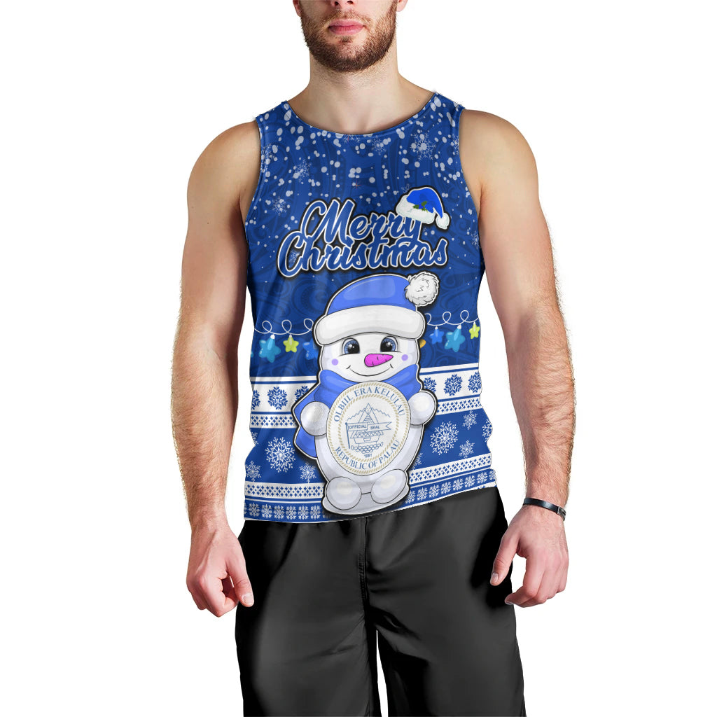 Palau Christmas Men Tank Top Snowman Hugs Palau Coat of Arms Maori Pattern Blue Style LT03 - Polynesian Pride