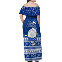 Palau Christmas Off Shoulder Maxi Dress Snowman Hugs Palau Coat of Arms Maori Pattern Blue Style LT03 - Polynesian Pride