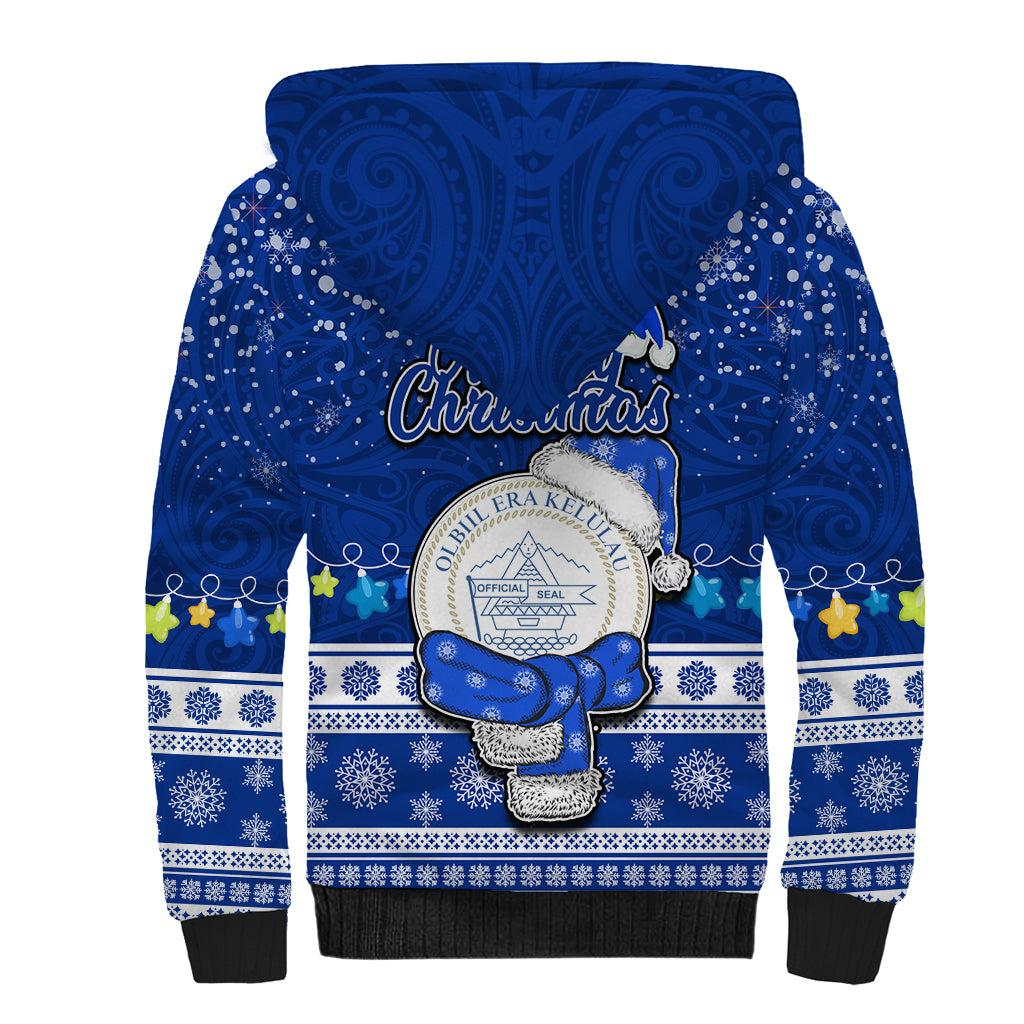 Palau Christmas Sherpa Hoodie Snowman Hugs Palau Coat of Arms Maori Pattern Blue Style LT03 - Polynesian Pride