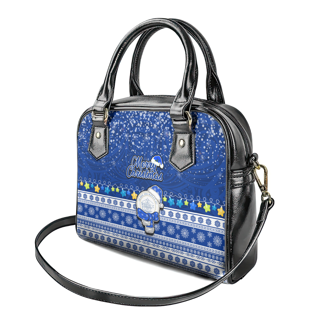 Palau Christmas Shoulder Handbag Snowman Hugs Palau Coat of Arms Maori Pattern Blue Style LT03 - Polynesian Pride