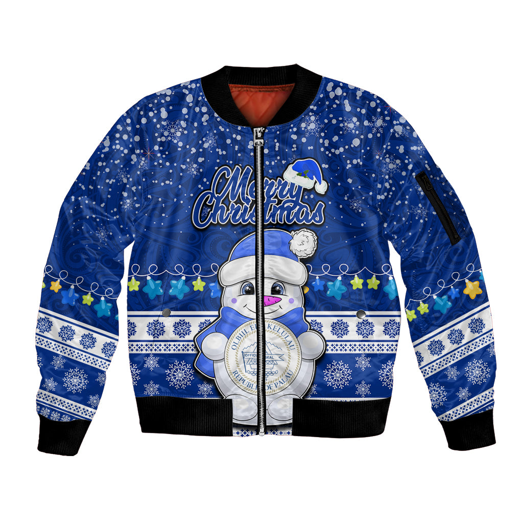 Palau Christmas Sleeve Zip Bomber Jacket Snowman Hugs Palau Coat of Arms Maori Pattern Blue Style LT03 Unisex Blue - Polynesian Pride