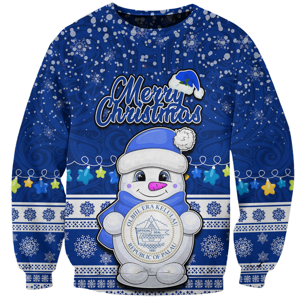 Palau Christmas Sweatshirt Snowman Hugs Palau Coat of Arms Maori Pattern Blue Style LT03 Unisex Blue - Polynesian Pride
