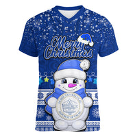Palau Christmas Women V Neck T Shirt Snowman Hugs Palau Coat of Arms Maori Pattern Blue Style LT03 Female Blue - Polynesian Pride