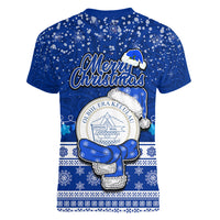Palau Christmas Women V Neck T Shirt Snowman Hugs Palau Coat of Arms Maori Pattern Blue Style LT03 - Polynesian Pride