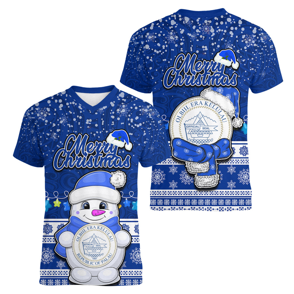 Palau Christmas Women V Neck T Shirt Snowman Hugs Palau Coat of Arms Maori Pattern Blue Style LT03 - Polynesian Pride