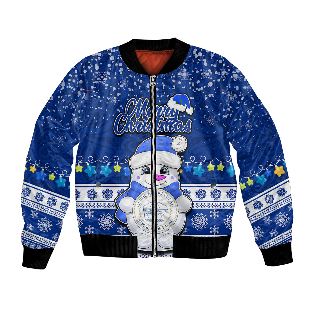 Personalised Palau Christmas Bomber Jacket Snowman Hugs Palau Coat of Arms Maori Pattern Blue Style LT03 Unisex Blue - Polynesian Pride