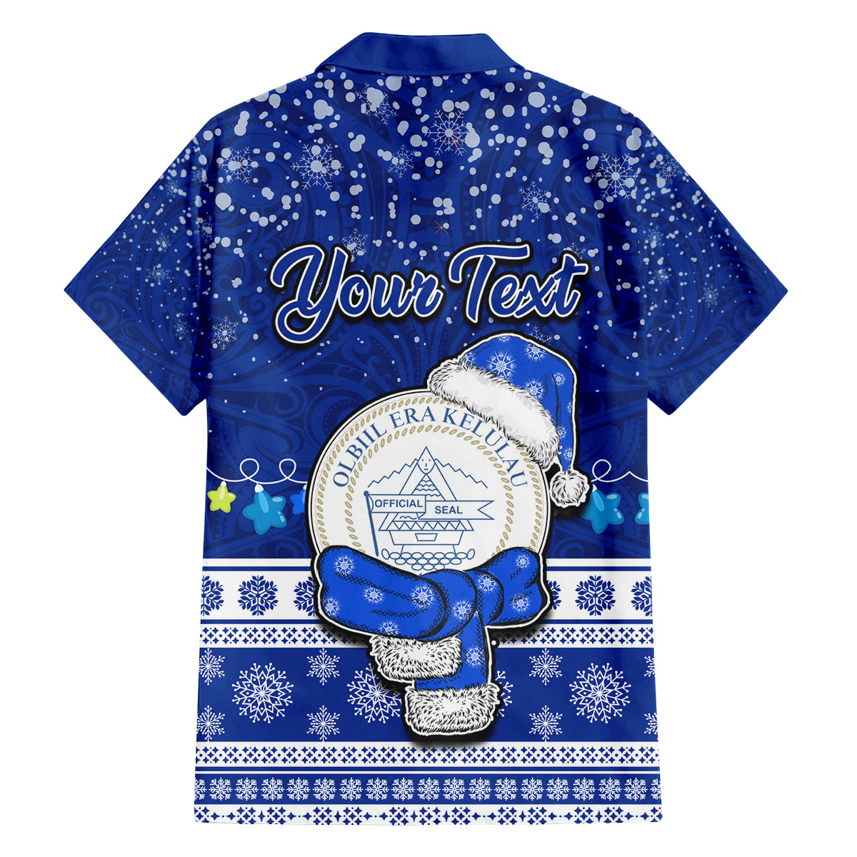 Personalised Palau Christmas Family Matching Off Shoulder Short Dress and Hawaiian Shirt Snowman Hugs Palau Coat of Arms Maori Pattern Blue Style LT03 - Polynesian Pride