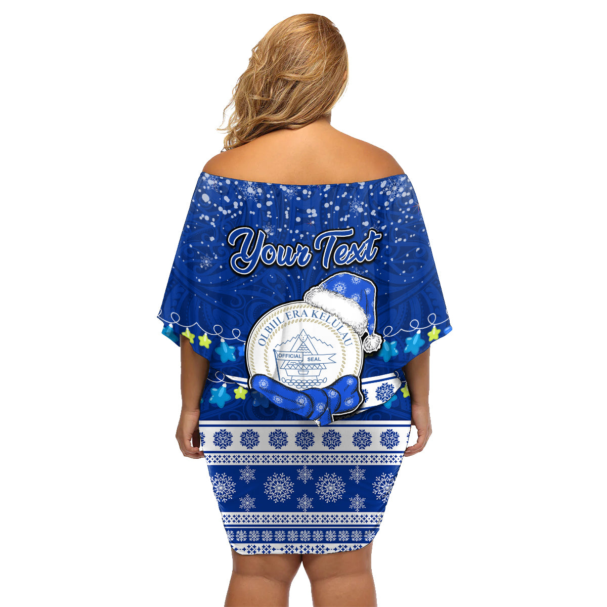 Personalised Palau Christmas Family Matching Off Shoulder Short Dress and Hawaiian Shirt Snowman Hugs Palau Coat of Arms Maori Pattern Blue Style LT03 - Polynesian Pride