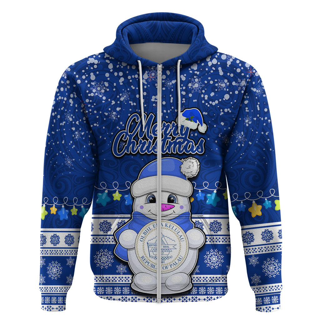 Personalised Palau Christmas Hoodie Snowman Hugs Palau Coat of Arms Maori Pattern Blue Style LT03 - Polynesian Pride