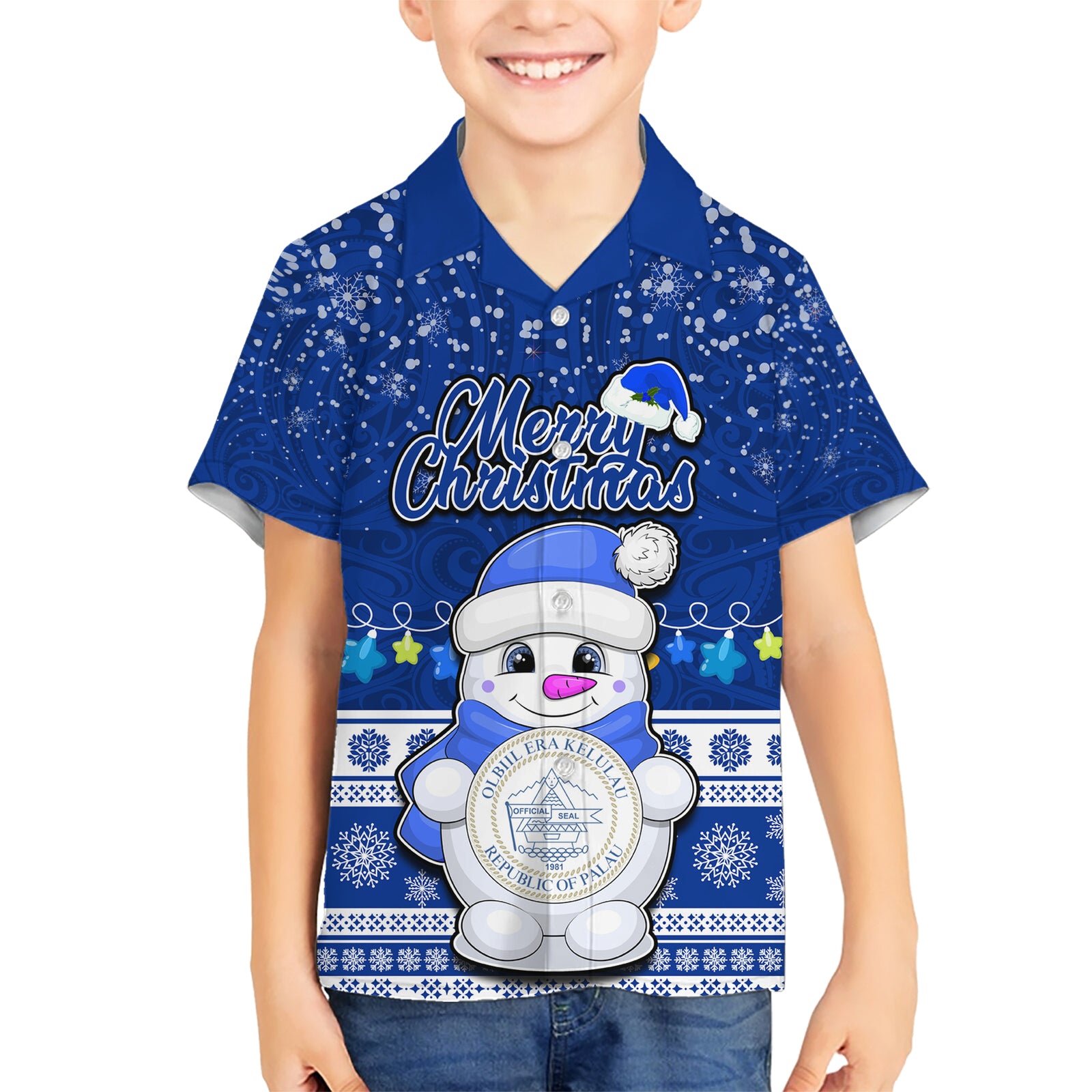 Personalised Palau Christmas Kid Hawaiian Shirt Snowman Hugs Palau Coat of Arms Maori Pattern Blue Style LT03 Kid Blue - Polynesian Pride