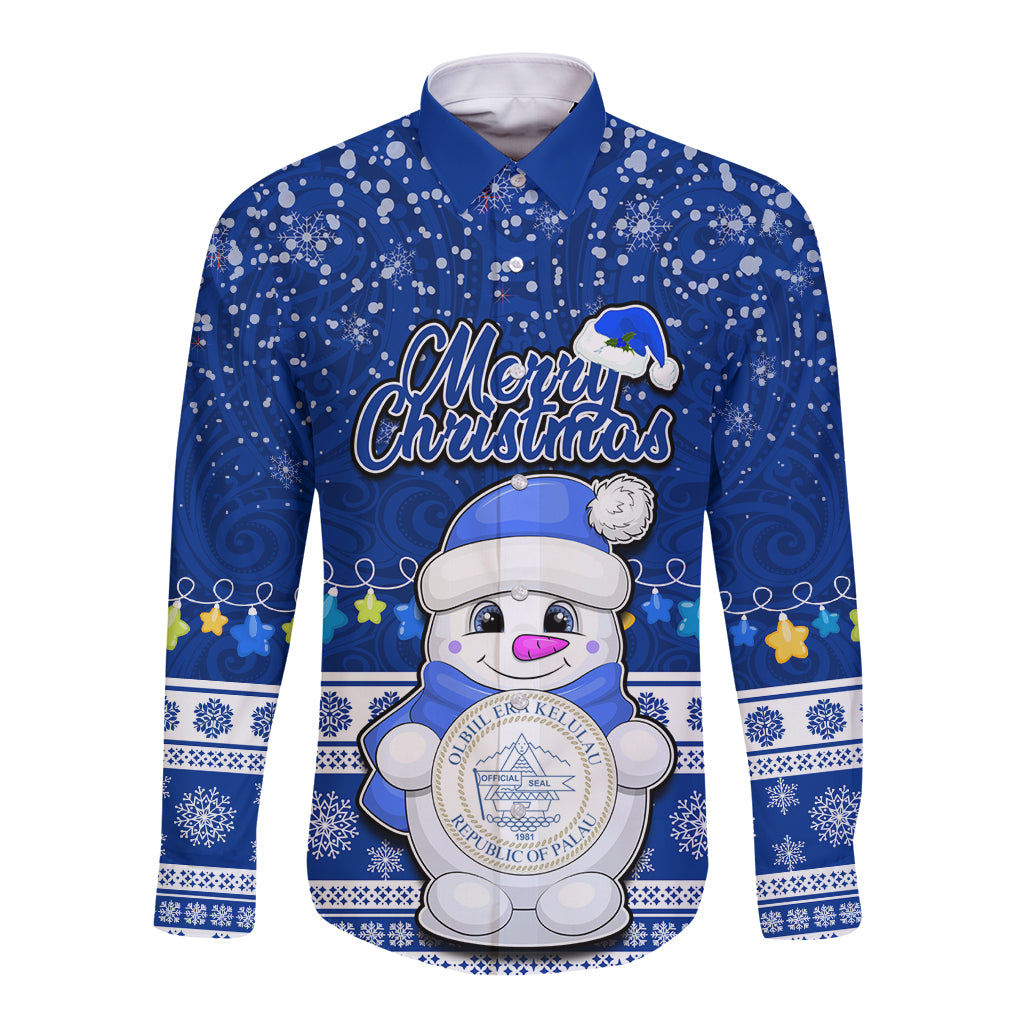 Personalised Palau Christmas Long Sleeve Button Shirt Snowman Hugs Palau Coat of Arms Maori Pattern Blue Style LT03 Unisex Blue - Polynesian Pride