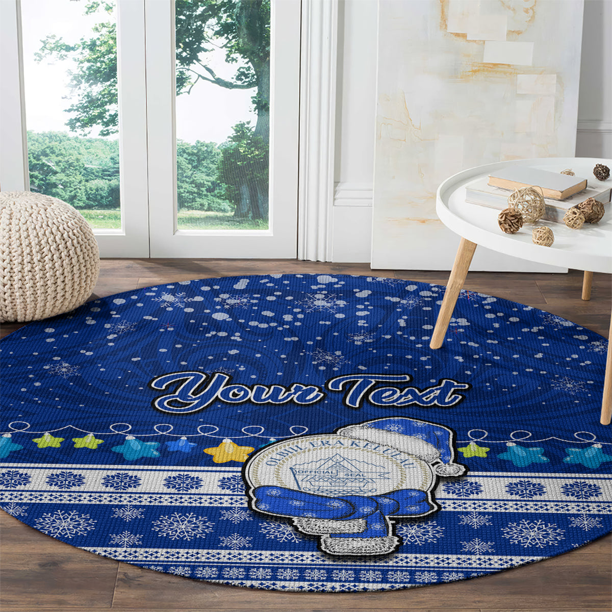 Personalised Palau Christmas Round Carpet Snowman Hugs Palau Coat of Arms Maori Pattern Blue Style LT03 - Polynesian Pride